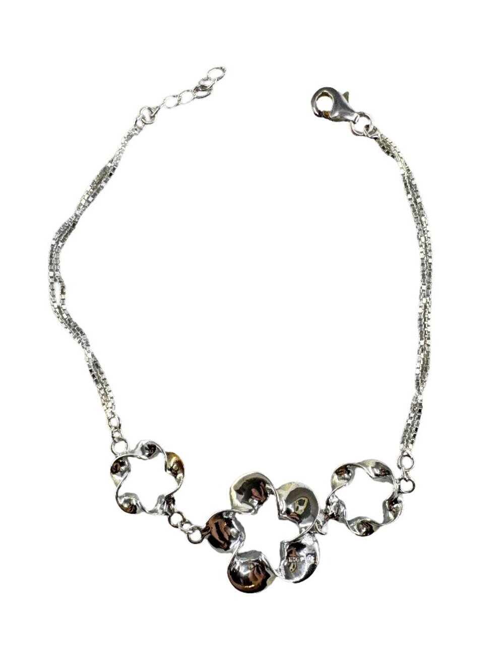 925 Sterling Silver Floral Flower Station Bracelet Chain 6.5"+0.6" 3.23g